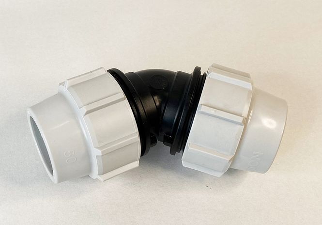 Hovedbilde Albue 45gr. 50mm m/klemring for PE-rør